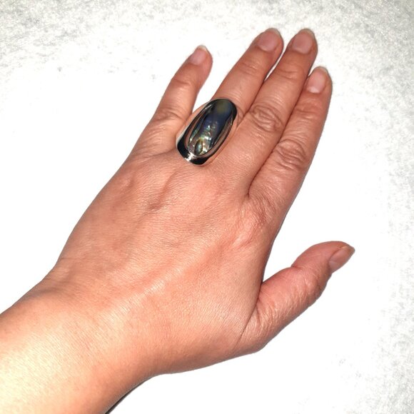 Chunky Vintage 925 Sterling Silver Oval Abalone Shell Inlay Statement Ring - Picture 4 of 14